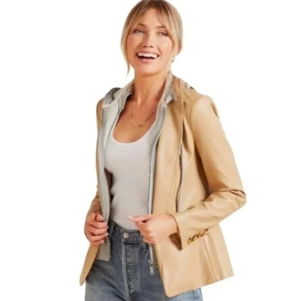 Evereve West Bank Blazer Faux Leather Detachable Hoodie Drawstring Tan Large